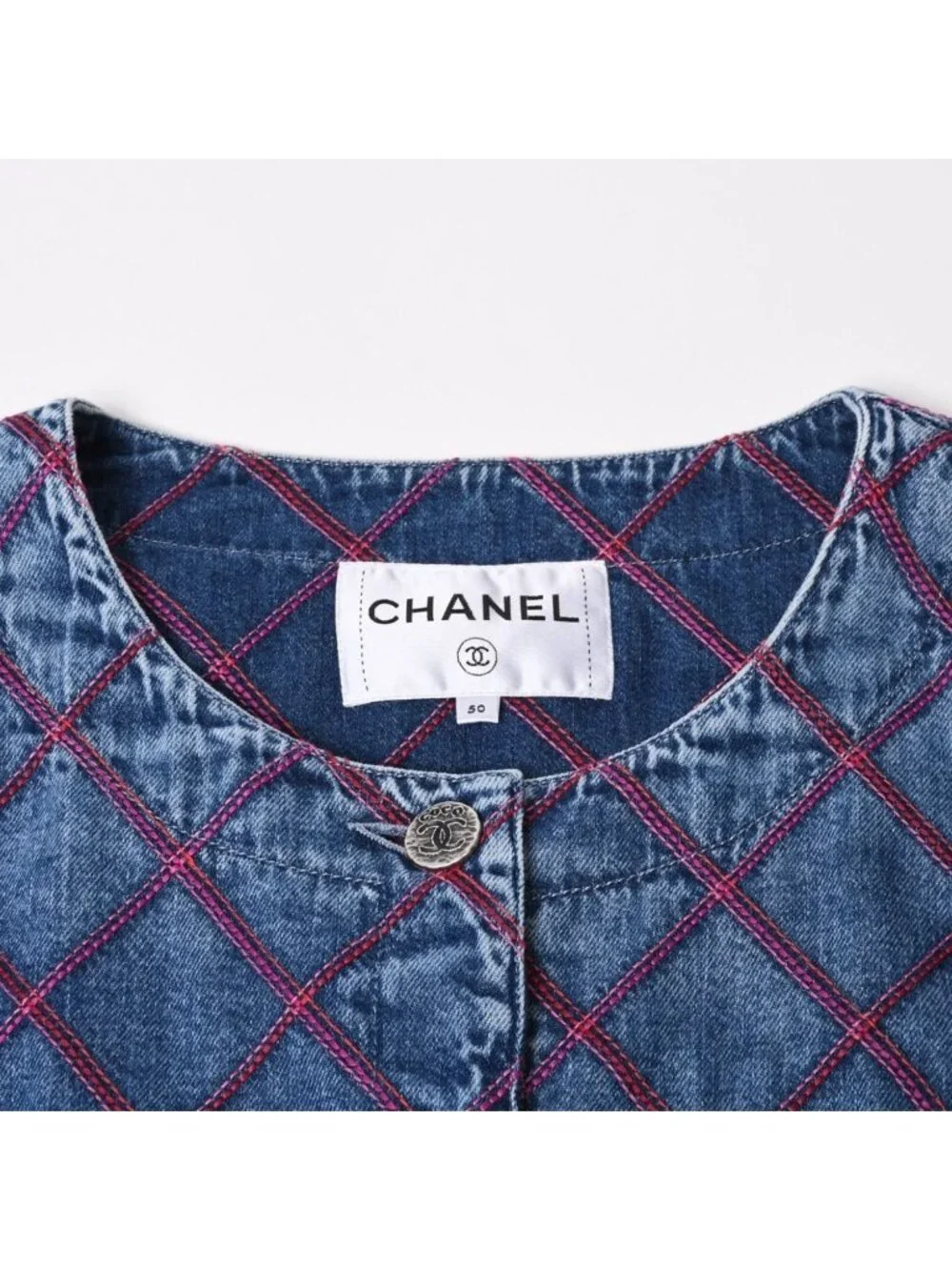 Chanel Collarless Denim Jacket CC Logo Stitch Blue